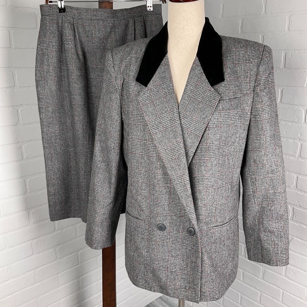 Suits LTD Skirt Suit Women 14 Gray Red Prince Edward Plaid Double Breast Wool‎